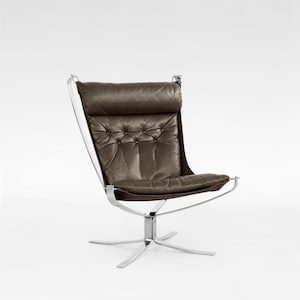 Vintage Brown Leather Steel Highback Falcon Chair Sigurd Ressell Vatne Møbler 1970s Norway Scandinavian Mid Century Modern Minimal Furniture