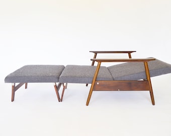 Vintage Light Grey Felt Brown Walnut Convertible Sleeping Armchair, 1970s Mid Century Modern Retro Bohemian Minimal Design Baltic Furniture