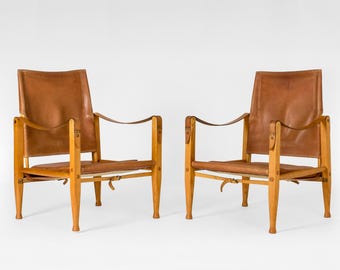 Vintage Cognac Leather Wood Safari Lounge Chairs Kaare Klint Rud Rasmussen 1960s Set of 2 Scandinavian Mid Century Modern Minimal Furniture