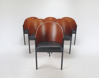 Vintage Mahogany Leather Metal Driade Chairs Philippe Starck Aleph Driade 1980s Italy Set of 4 Retro Minimalist Mid Century Modern Furniture
