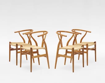Vintage Brown Oak Paper Cord Wishbone Dining Chairs Hans J. Wegner CH24 Carl Hansen & Søn Denmark 1950s Set of 4 Scandinavian Design Icon