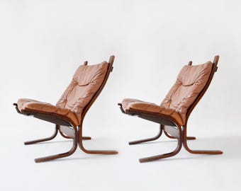 Silla Siesta vintage de cuero coñac y madera contrachapada marrón Ingmar Relling Westnofa Dinamarca, juego de 2 de la década de 1970, muebles modernos escandinavos de mediados de siglo
