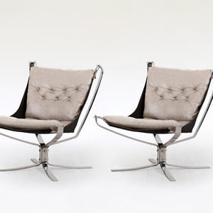 Vintage Cognac Leather Steel Falcon Chair Sigurd Ressell Vatne Møbler 1970s Set of 2 Norway Scandinavian Mid Century Modern Rare Furniture