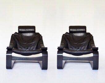 Black Leather Plywood Kroken Lounge Chair Åke Fribytter Nelo Möbel 1970s Sweden Set of 2 Vintage Scandinavian Mid Century Modern Furniture