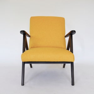 Polish Indie Reupholstered Yellow Fabric Brown Wood Armchair A. Dutka 1960s Mid Century Modern Indie Vintage Bohemian Design Retro Furniture image 2