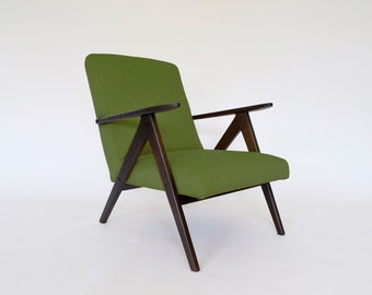 Polish Indie Reupholstered Green Fabric Brown Wood Armchair A. Dutka 1960s Mid Century Modern Indie Vintage Bohemian Design Retro Furniture