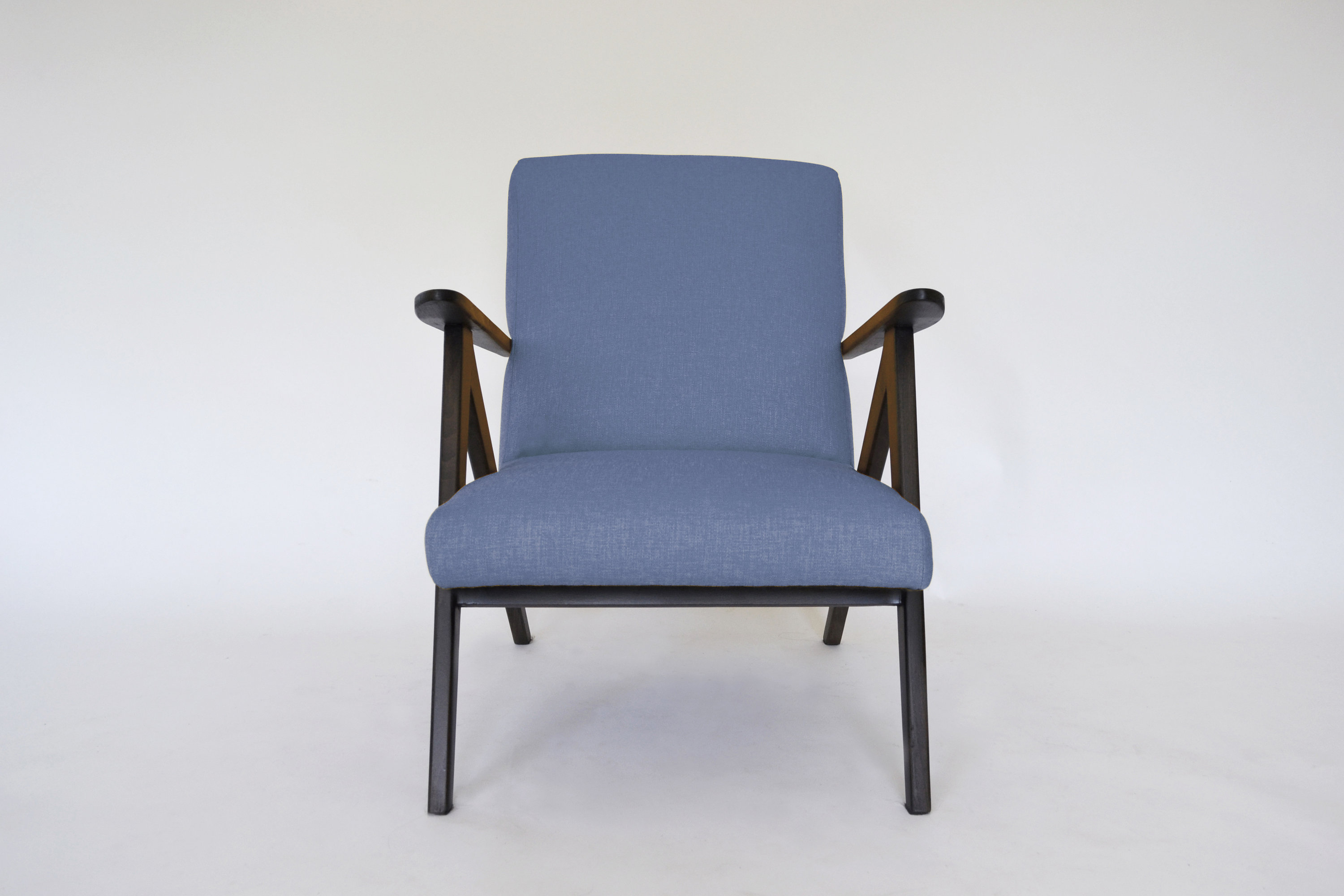 Polish Indie Reupholstered Blue Fabric Brown Wood Armchair A