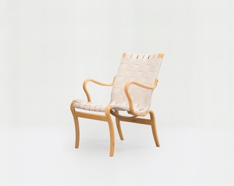 Fauteuil scandinave en hêtre et coton avec ceinture Eva, Bruno Mathsson Firma Karl Mathsson des années 1960, mobilier minimaliste moderne vintage du milieu du siècle