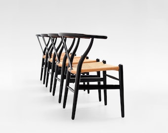 Vintage Black Wood Paper Cord Wishbone Dining Chairs Hans J. Wegner CH24 Carl Hansen & Søn Denmark 1950s Set of 4 Scandinavian Minimal Icon