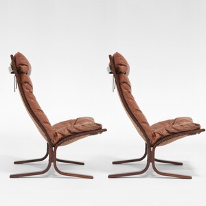 Vintage Cognac Leather Plywood Highback Siesta Chairs Ingmar Relling Norway 1960s Set of 2 Scandinavian Mid Century Modern Minimal Furniture