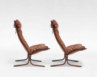 Vintage Cognac Leather Plywood Highback Siesta Chairs Ingmar Relling Norway 1960s Set of 2 Scandinavian Mid Century Modern Furniture Icon