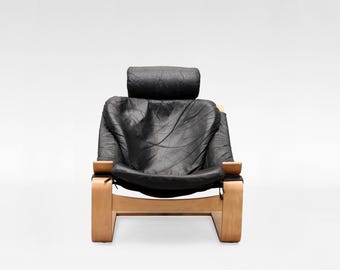 Vintage Black Leather Plywood Kroken Lounge Chair by Åke Fribytter Nelo Möbel Sweden 1970s Original Scandinavian Modern Minimalist Furniture