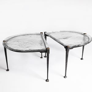 Brutalist Industrial Forged Bronze Cast Glass Signed Tables Lothar Klute Germany 1990s Set of 2 Vintage Artisan Collectible Modern Furniture