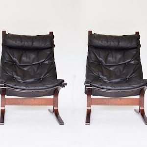 Vintage Black Leather Plywood Highback Siesta Chair Ingmar Relling Norway 1960s Set of 2 Scandinavian Mid Century Modern Minimal Furniture