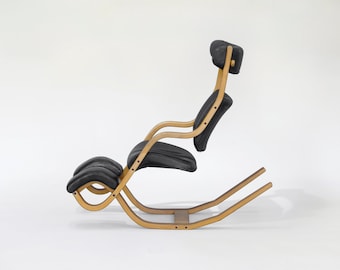 Vintage Black Leather Plywood Gravity Balans Lounge Chair Peter Opsvik Varier 1990s Norway Scandinavian Mid Century Modern Furniture Icon