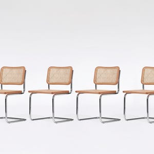 Sedie Cesca vintage Bauhaus in acciaio cromato, stile industriale, in rattan, Marcel Breuer, anni &#39;80, mobili minimal moderni di metà secolo, set da 4