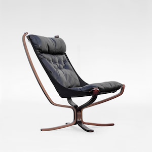 Vintage Black Leather Wood Highback Falcon Chair Sigurd Ressell Vatne Møbler 1970s Norway Scandinavian Mid Century Modern Minimal Furniture