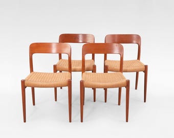 Vintage Teak Paper Cord Niels Otto Møller Model 75 Dining Chairs J.L. Møller Mobelfabrik Denmark 1960s Set of 4  MidCentury Modern Furniture