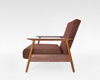 Vintage Living Coral Felt Brown Walnut Convertible Sleeping Armchair 1970s Mid Century Modern Retro Bohemian Minimal Design Baltic Furniture