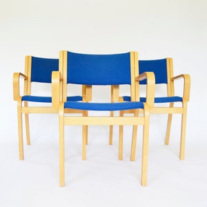 Original Plywood Blue Armchairs Thygesen Sørensen Magnus Olesen Denmark 1970s Set of 3 Vintage Scandinavian Mid Century Modern Furniture