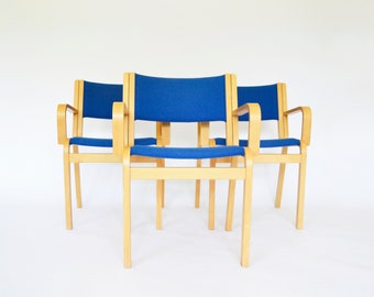 Original Plywood Blue Armchairs Thygesen Sørensen Magnus Olesen Denmark 1970s Set of 3 Vintage Scandinavian Mid Century Modern Furniture