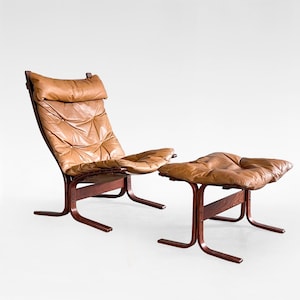 Vintage Cognac Leather Highback Plywood Siesta Chair Ottoman Ingmar Relling Westnofa Denmark 1970s Scandinavian Mid Century Modern Furniture