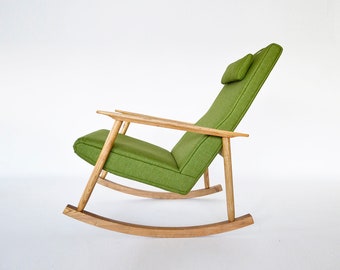 Vintage Leafy Green Reupholsered Oak Rocking Chair 1970s Mid Century Modern Minimal Natural Bohemian Lithuanian Design Retro Furniture