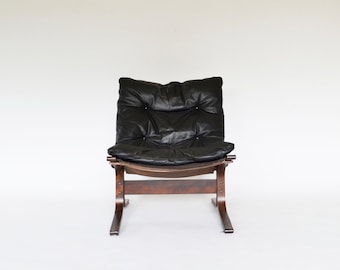 Vintage Black Leather Brown Plywood Siesta Chair Ingmar Relling Westnofa Denmark 1970s Scandinavian Mid Century Modern Original Furniture
