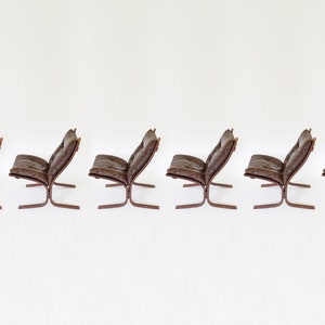 Vintage Peanut Brown Leather Plywood Siesta Chair Ingmar Relling Westnofa Denmark 1970s set of 6 Scandinavian Mid Century Modern Furniture