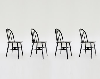 Vintage Black Wood Fanett Chair Ilmari Tapiovaara Edsby Verken, Sweden, 1960, Set of 4 Minimalist Scandinavian Mid Century Modern Furniture