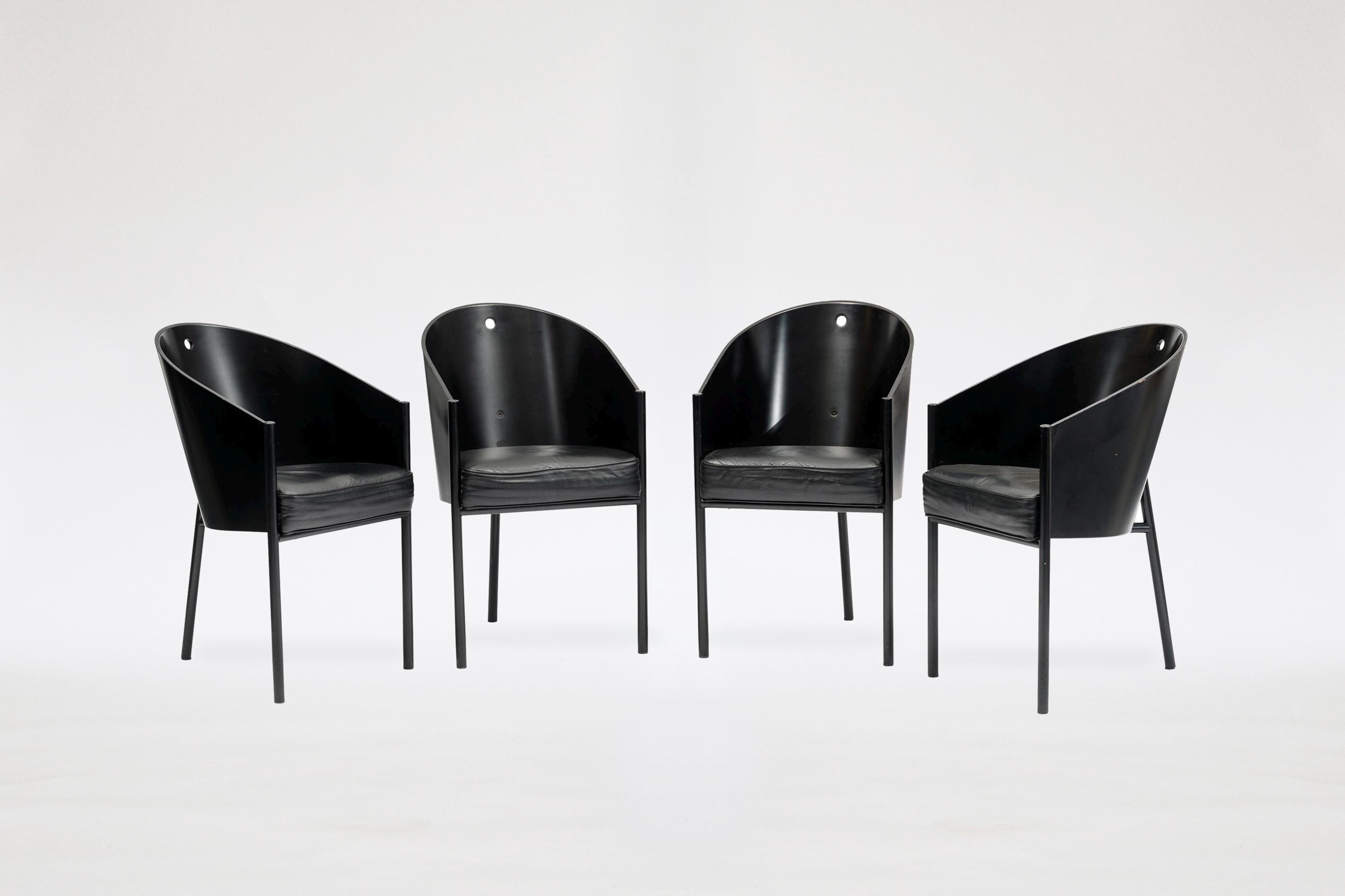 Vintage Black Leather Metal Driade Chairs Philippe Starck Aleph Driade 1980s Italy Set of 4 Retro Minimalist Mid Century Modern Furniture