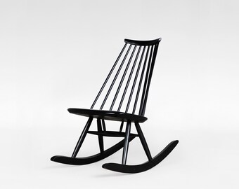 Vintage Black Stained Birch Mademoiselle Rocking Chair Ilmari Tapiovaara Asko Finland 1956 Scandinavian Mid Century Modern Minimalist Design