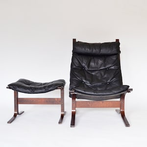 Vintage Black Leather High-back Plywood Siesta Chair&Ottoman Ingmar Relling Westnofa Denmark 1970s Scandinavian Mid Century Modern Furniture