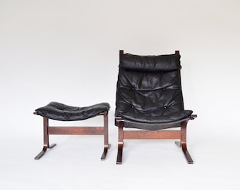 Vintage Black Leather High-back Plywood Siesta Chair&Ottoman Ingmar Relling Westnofa Denmark 1970s Scandinavian Mid Century Modern Furniture