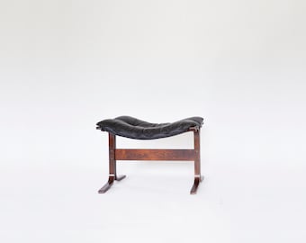 Vintage Black Leather Plywood Siesta Ottoman Ingmar Relling Westnofa Denmark 1970s Scandinavian Mid Century Modern Furniture