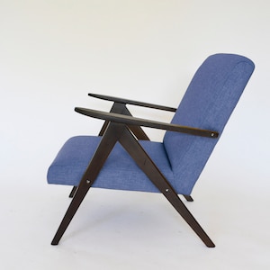 Polish Indie Reupholstered Blue Fabric Brown Wood Armchair A. Dutka 1960s Mid Century Modern Indie Vintage Bohemian Design Retro Furniture