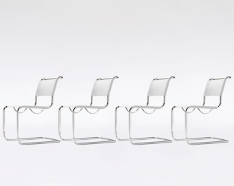 Vita läderrörsformade kromade Bauhaus S33-stolar Mart Stam 1925 Thonet Tyskland Set om 4 vintage 50-talsmoderna minimalistiska designermöbler