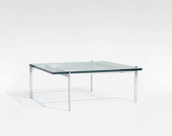 Table basse vintage PK61 par Poul Kjærholm, Fritz Hansen, Danemark des années 1960 : verre, cadre en acier, style scandinave moderne