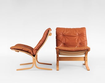Silla Siesta vintage de cuero coñac y madera contrachapada beige Ingmar Relling Westnofa Dinamarca Juego de 2 de la década de 1970 Icono del diseño moderno escandinavo de mediados de siglo