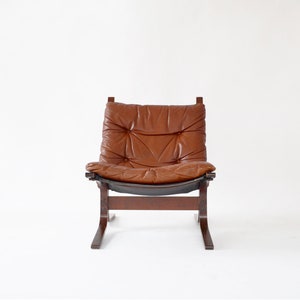 Vintage Cognac Leather Brown Plywood Siesta Chair Ingmar Relling Westnofa Denmark 1970s Scandinavian Mid Century Modern Original Furniture