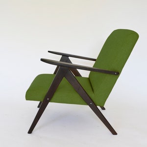 Polish Indie Reupholstered Green Fabric Brown Wood Armchair A. Dutka 1960s Mid Century Modern Indie Vintage Bohemian Design Retro Furniture