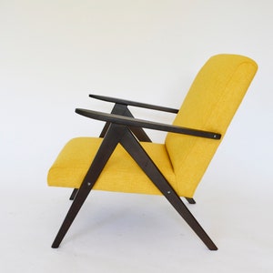 Polish Indie Reupholstered Yellow Fabric Brown Wood Armchair A. Dutka 1960s Mid Century Modern Indie Vintage Bohemian Design Retro Furniture