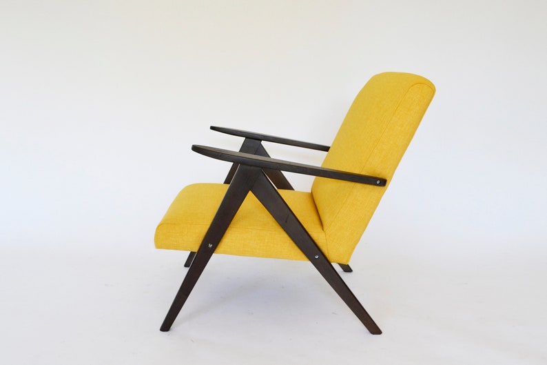 Polish Indie Reupholstered Yellow Fabric Brown Wood Armchair A. Dutka 1960s Mid Century Modern Indie Vintage Bohemian Design Retro Furniture image 1