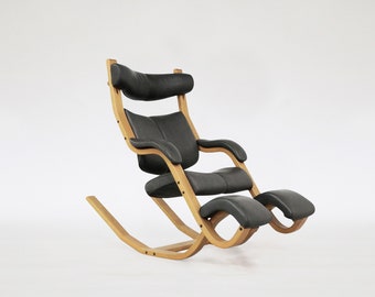 Vintage Black Leather Plywood Gravity Balans Lounge Chair Peter Opsvik Varier 1990s Norway Scandinavian Mid Century Modern Minimalist Icon