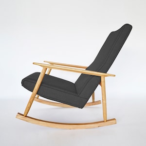 Vintage Anthracite Grey Reupholsered Oak Rocking Chair 1970s Mid Century Modern Minimal Natural Bohemian Lithuanian Design Retro Furniture