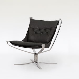 Vintage Black Leather Steel Falcon Chair Sigurd Ressell Vatne Møbler 1970s Norway Scandinavian Rare Mid Century Modern Minimalist Furniture