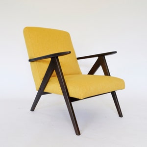 Polish Indie Reupholstered Yellow Fabric Brown Wood Armchair A. Dutka 1960s Mid Century Modern Indie Vintage Bohemian Design Retro Furniture image 3