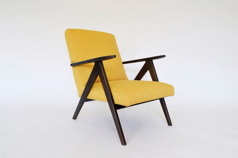 Polish Indie Reupholstered Yellow Fabric Brown Wood Armchair A. Dutka 1960s Mid Century Modern Indie Vintage Bohemian Design Retro Furniture image 3