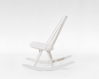 Vintage White Stained Birch Mademoiselle Rocking Chair Ilmari Tapiovaara Asko Finland 1956 Scandinavian Mid Century Modern Minimalist Design