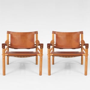 Vintage Cognac Leather Wood Scirocco Safari Lounge Chairs Arne Norell AB 1960s Set of 2 Scandinavian Mid Century Modern Minimal Furniture